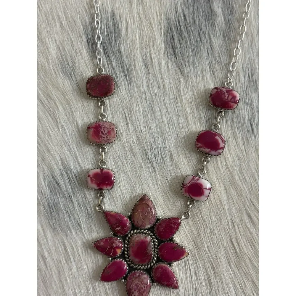 Native American SW Sterling Silver Pink Red Jasper Huge Cluster Necklace Lariat